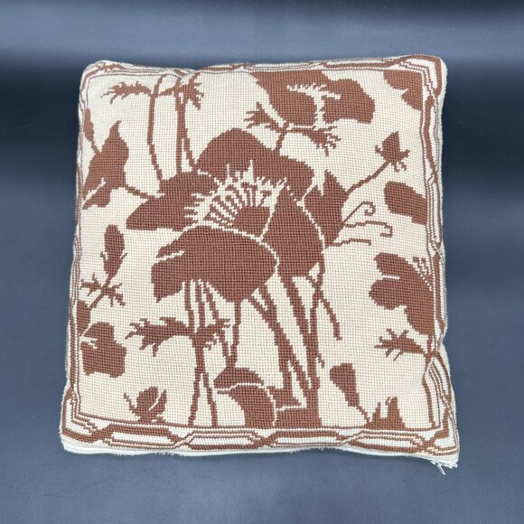 Vintage Throw Pillow Handmade Needlepoint Brown Beige Floral Boho Retro Decorati - Picture 2 of 10